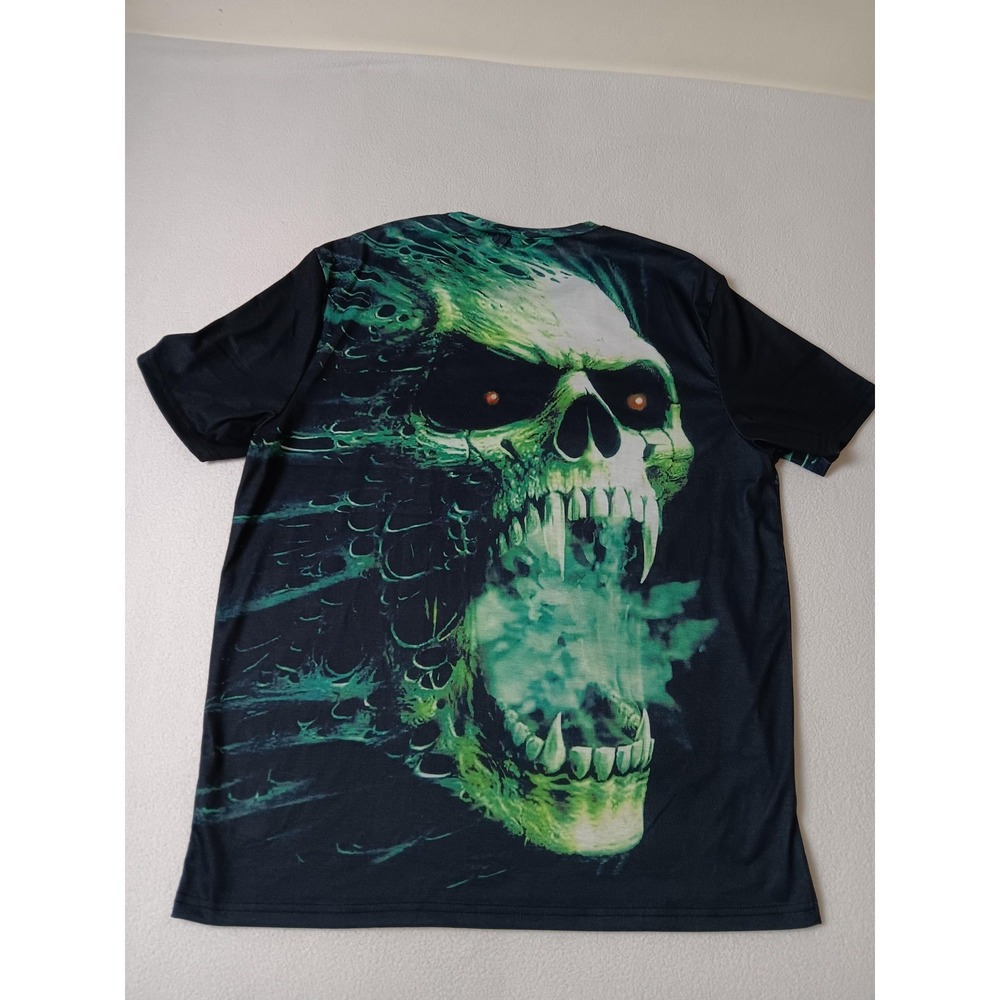 MANFINITY Black Skull Graphic Shirt Mens 2XL Green Neon Skull Print Crew Neck